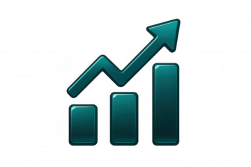 Teal bar graph rising with upward arrow, indicating financial growth and positive business performance on transparent backdrop