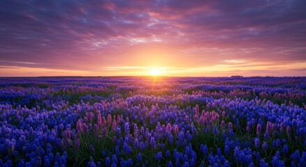 Fototapeta premium Vibrant lavender field bathing in the soft light of a picturesque sunset