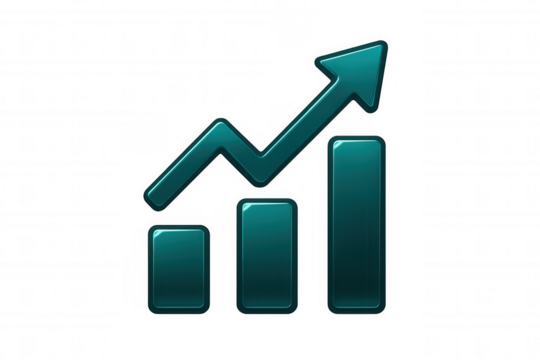 Teal bar graph rising with upward arrow, indicating financial growth and positive business performance on transparent backdrop