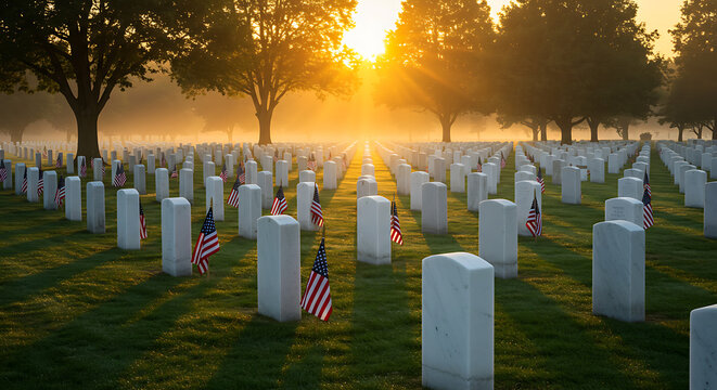 Golden Sunrise over Military Cemetery with American Flags