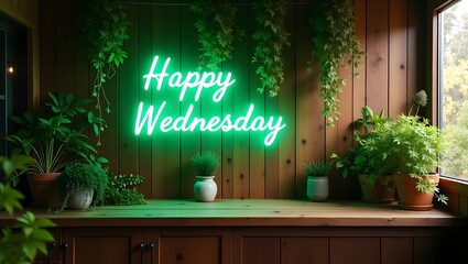 Happy Wednesday neon sign in green, modern, plant interior