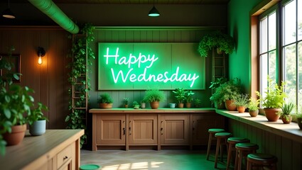 Happy Wednesday neon sign in green, kitchen, bright interior
