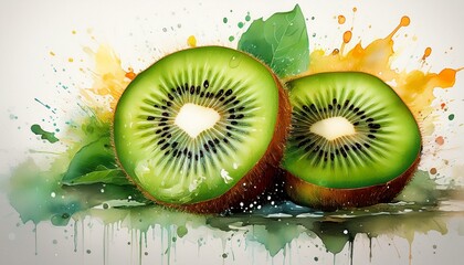 halved kiwi vibrant watercolor splashes on white juicy fruit refreshing