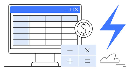 Fototapeta na wymiar Computer screen displaying a spreadsheet, dollar symbol, calculator, and lightning icon. Ideal for fintech, finance, accounting, efficiency, productivity organization simple landing page