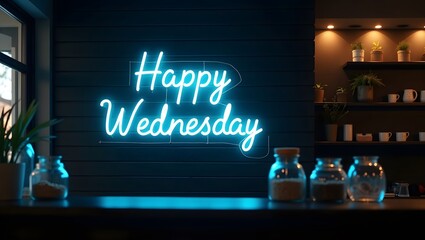 Happy Wednesday neon sign in red, warm, brick interior