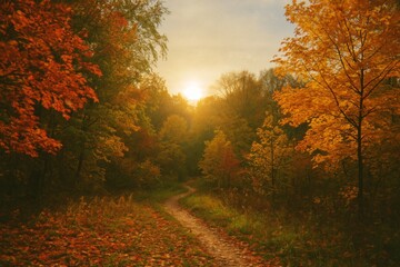 Obraz premium Warm sunbeams piercing autumn leaves highlighting forest trail, golden light casting soft shadows across peaceful woodland landscape