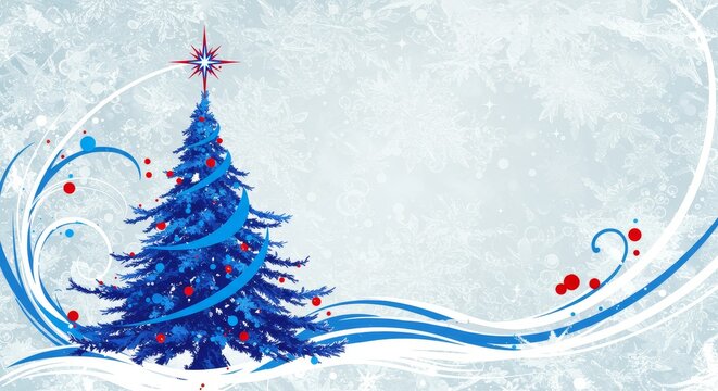 Festive Christmas Tree Design with Blue and Red Ornaments on Snowflake Backdrop