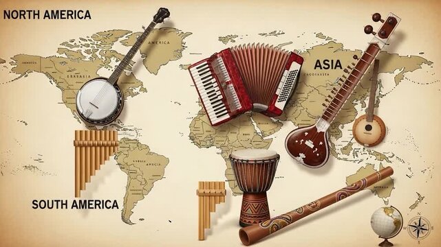 Musical Instruments of the World Displayed on a Vintage World Map