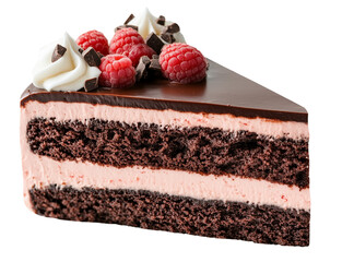ai delicious chocolate cake slice with raspberry and whipped cream served on a white background