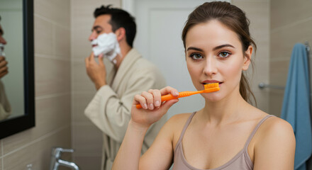  A couple in the bathroom getting ready for the day, she brushes her teeth and looks at the camera, he shaves, symbolizing daily routine