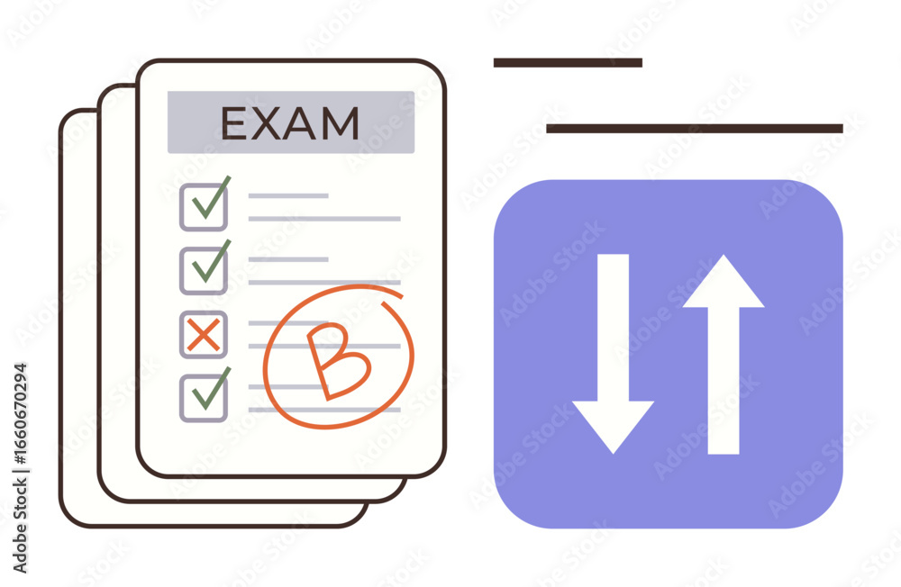 Poster stack of exam sheets with checkmarks and highlighted grade b beside an up-down arrows icon. ideal fo
