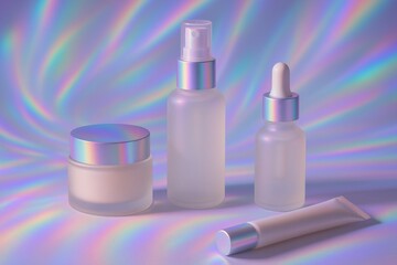 Cosmetic packaging featuring spray bottle, dropper, jar, and tube sitting on shimmering iridescent background, highlighting contemporary skincare product design and aesthetic appeal
