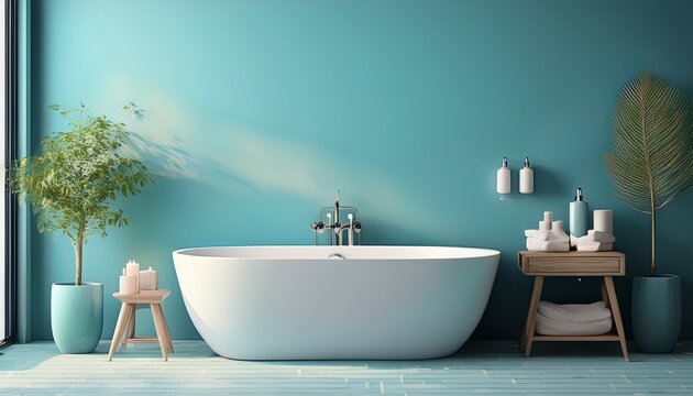 light blue decorated bathroom scene there is a white bathtub stylish and simple style