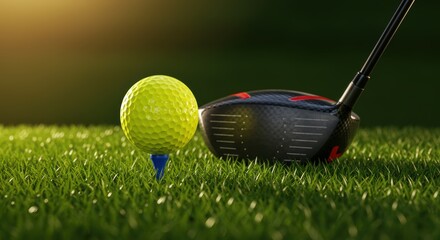 Golf ball poised on tee with driver on lush green course ready for action and a perfect shot