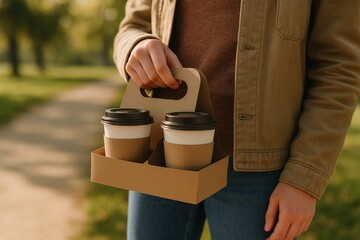 Woman holding takeaway coffee cups in cardboard carrier, walking through urban park, drinking beverage and enjoying sunny day
