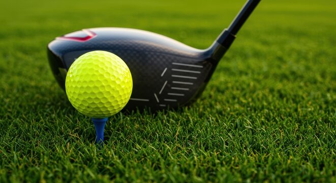 Vibrant yellow golf ball on blue tee ready to swing on fresh green grass near golf club - Powered by Adobe