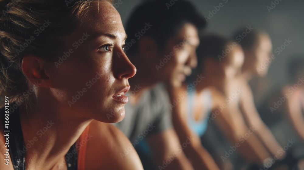 Poster medium shot of a mixedability group in a spin class with one cyclists focused profile in sharp detai
