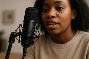Young black woman speaking into professional microphone, recording podcast audio in home studio, background softly blurred