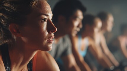 Medium shot of a mixedability group in a spin class with one cyclists focused profile in sharp detail against a softly blurred group spinning behind.