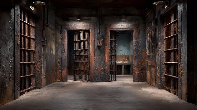 Rusty Jail Cells Interior with Metal Bars and Old Walls in Abandoned Prison