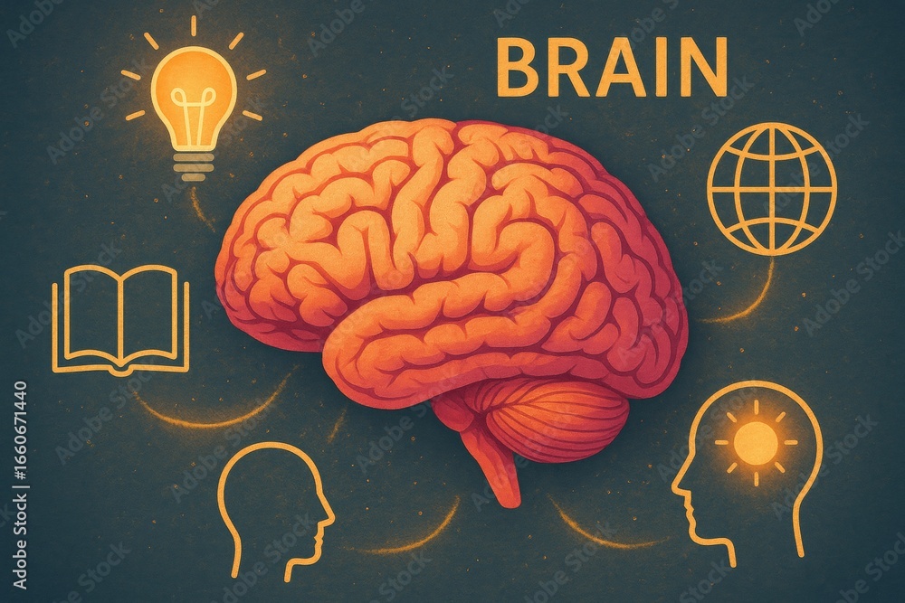 Poster brain generating innovative ideas, illuminated by glowing light bulb, interconnected with knowledge 