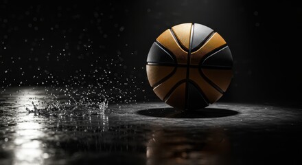 Intense basketball action shot showing ball splashing on reflective surface creating dramatic sports visual