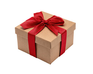 Obraz premium A square, light brown cardboard gift box, adorned with a vibrant red satin ribbon bow