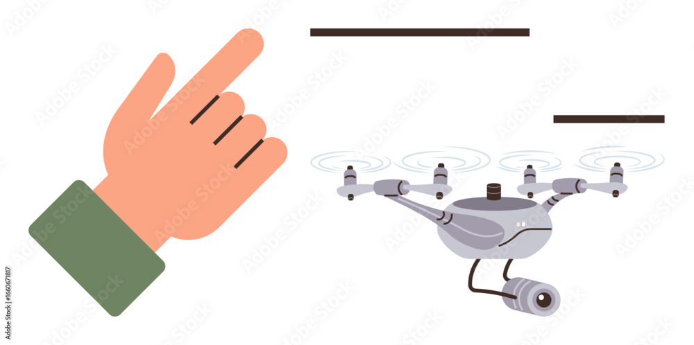 Poster human hand giving control command to a hovering drone equipped with a mounted camera and rotors. ide