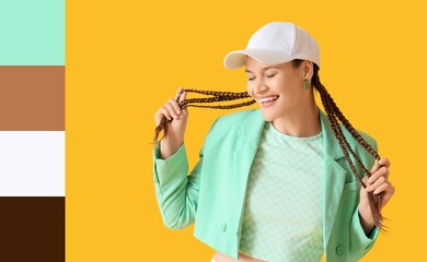 Stylish young woman with African braids on yellow background. Different color patterns