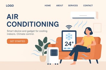 Fototapeta premium Woman reclining on sofa, controlling smart home air conditioning app, enjoying cooling breeze from portable unit and split system during summer heat