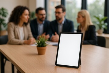 White digital tablet screen showing business data during team meeting, blurred professionals strategizing in background workplace setting