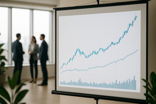 Projector screen revealing rising candlestick financial chart. Corporate professionals analyzing market trends near data visualization. Business growth dynamics unfolding