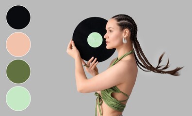 Stylish young woman with African braids and vinyl disk on grey background. Different color patterns