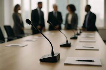 Professional conference setup featuring multiple microphones, writing materials on table, blurred business people preparing for press event