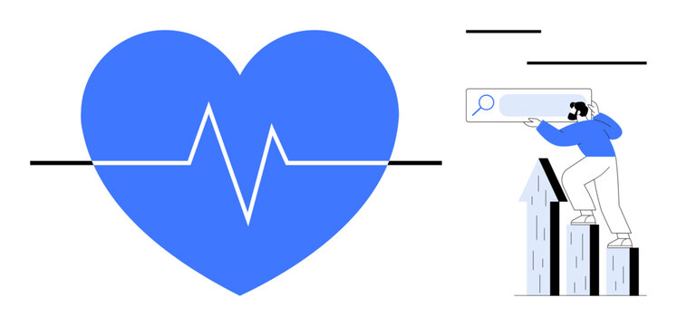 Blue heart with EKG line connected to a person climbing a bar graph, looking through search field. Ideal for wellness, analytics, health improvement, self-growth, progress, lifestyle balance, simple