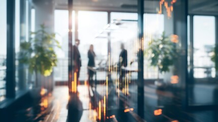 Corporate professionals collaborating during conference, stock market graph overlaying glass walled workspace, depicting financial strategy and corporate teamwork