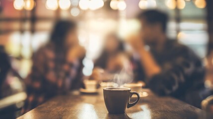 Steaming coffee mug sitting atop weathered wooden surface, soft focused cafe patrons chatting in background, evoking cozy urban atmosphere