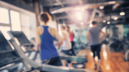 Fototapeta premium Fitness enthusiasts running on treadmills, blurred gym interior highlighting dynamic exercise routine and dedicated training toward personal wellness goals
