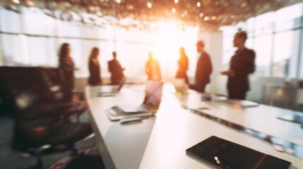 Business people engaging in a meeting in a modern office, with backlight streaming through large windows and smartphones and laptops enhancing collaboration