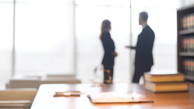 Blurred office setting featuring two lawyers, a man and a woman, discussing a case by a window with law books and documents on a wooden table, creating a dynamic legal atmosphere