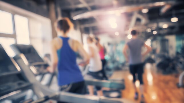 Fitness enthusiasts running on treadmills, blurred gym interior highlighting dynamic exercise routine and dedicated training toward personal wellness goals