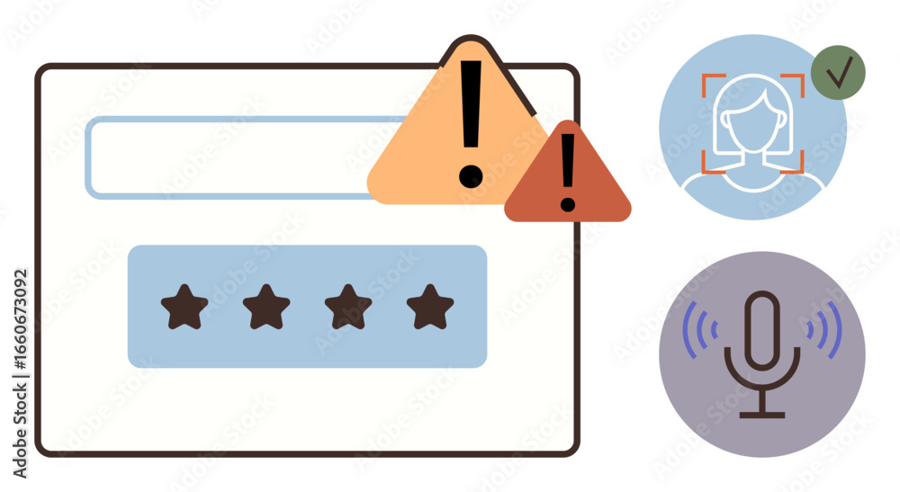Poster login password field, security warnings, facial recognition checkmark, and voice input icon. ideal f