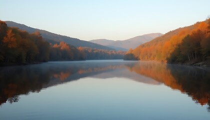 Calm autumn lake in the mountains with beautiful reflection of a blue sky and colorful forest trees