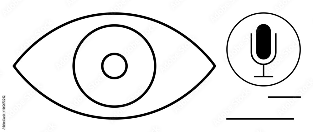 Poster minimalist eye outline with circular microphone in focus, emphasizing connection between sight and s