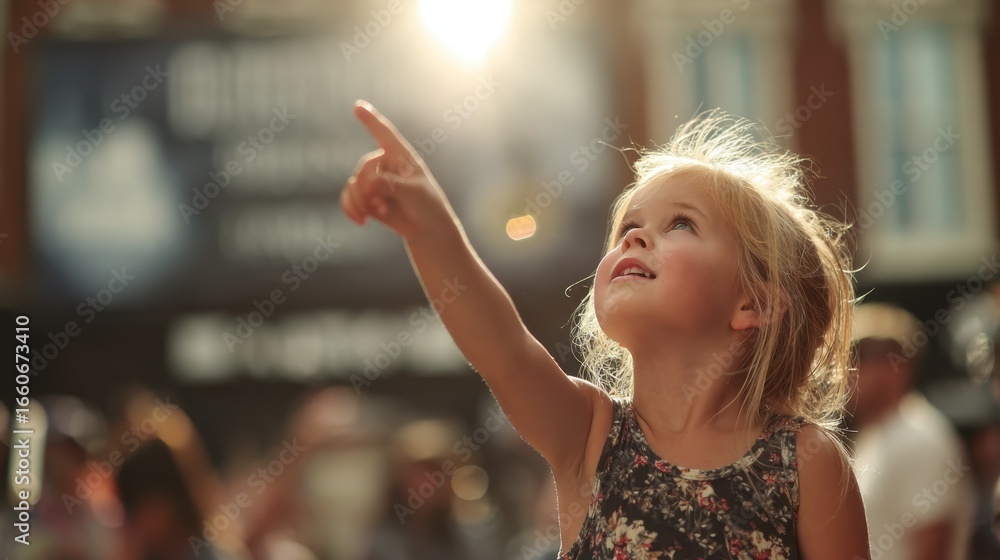 Poster medium shot of a child pointing skyward with awe foreground in focus while the eclipse progressing b