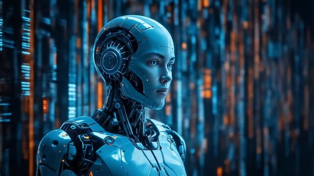 Futuristic robot in a digital matrix, side view. High-tech, sci-fi style. 4k video
