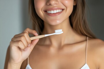 Young woman smiling and holding a bamboo toothbrush
