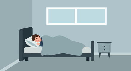 Man Sleeping in Modern Minimalist Bedroom with Gray Walls and Blue Blanket Vector Illustration 