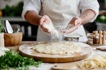 Fototapeta premium Chef sprinkling flour on fresh pasta dough in a restaurant kitchen