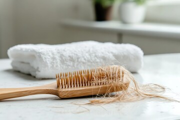 Hair loss problem, hairbrush with blond hair and towel on bathroom table